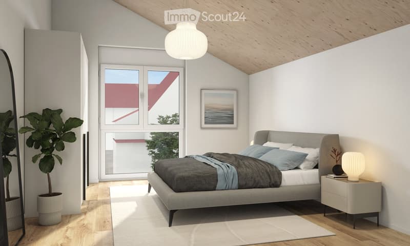 Bedroom with bed, rug, nightstands, lamp, picture frame, plant, glass window, mirror