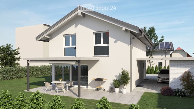 Detached house, 2 floors, white walls, tiled roof, large terrace, garage, driveway, lawn, plants