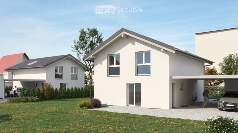 Modern single-family house with garage, two-story, white exterior, multiple windows, attached houses on either side