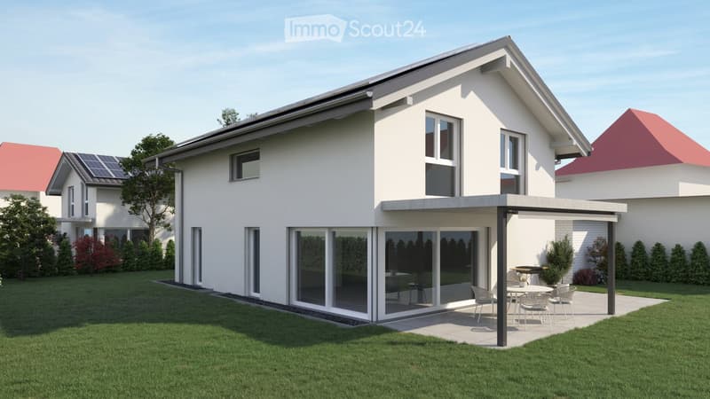 Two-story house, white walls, large glass windows, solar panels, outdoor terrace, and patio