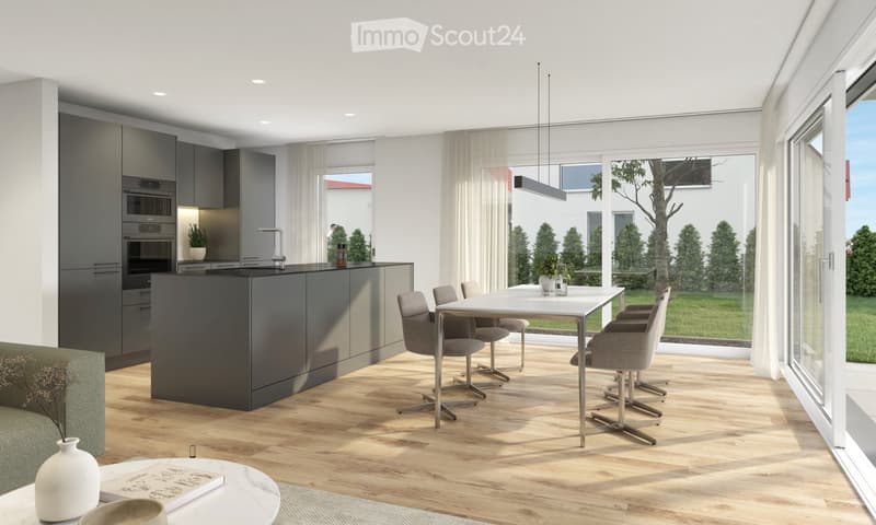 Modern kitchen with a dining area, grey cabinetry, white countertop, table and chairs, integrated oven and microwave, potted plant, sliding glass doors leading to a grassy yard.