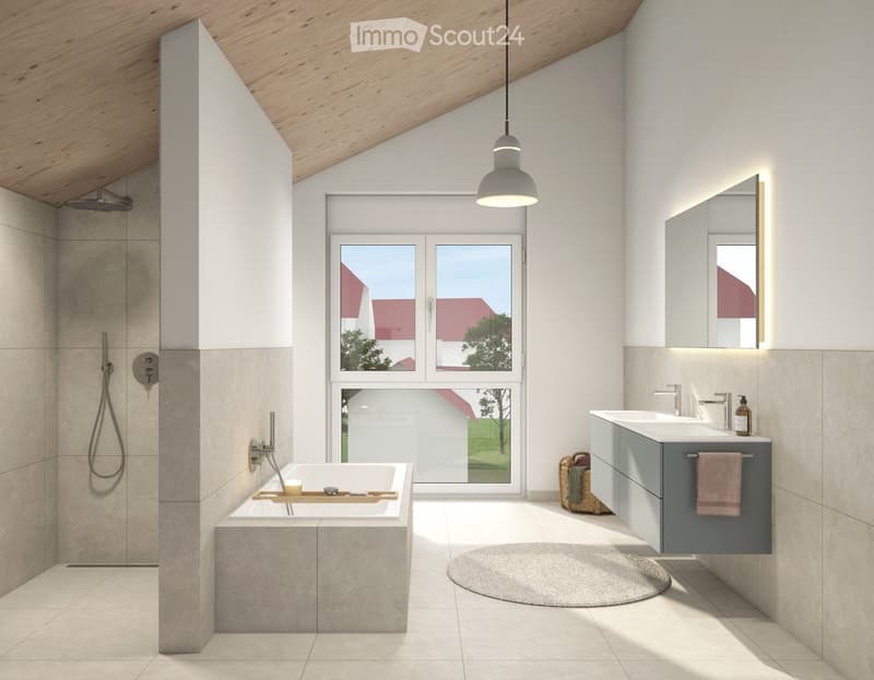 Modern bathroom with shower and bathtub, sleek design, white tile flooring, and large windows.