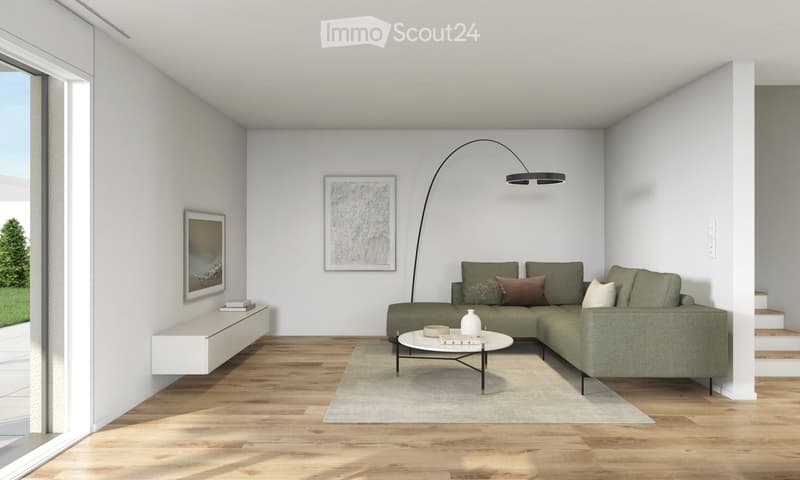 modern and minimalist living room with large windows, a U-shaped green sofa, a modern white table, a white floor lamp, gray carpet and an open terrace