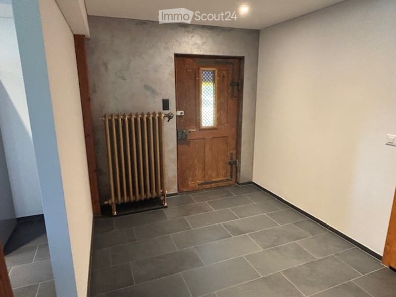 The image shows an entryway with a wooden door, a radiator, and a tiled floor. The walls are a light color and the overall style appears to be a mix of modern and traditional elements.