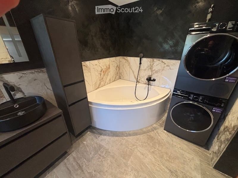 The image shows a modern bathroom with a freestanding bathtub, a washing machine, and a dishwasher. The walls are covered in marble-like tiles, and the floor is also tiled. The bathroom appears to be part of a larger living space.