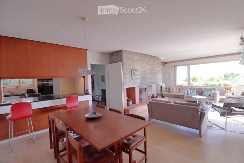 Open-plan living and dining area with modern furniture, including a sofa, dining table, chairs, and a fireplace. The space features wooden flooring, large windows, and a kitchen area with a counter and appliances.