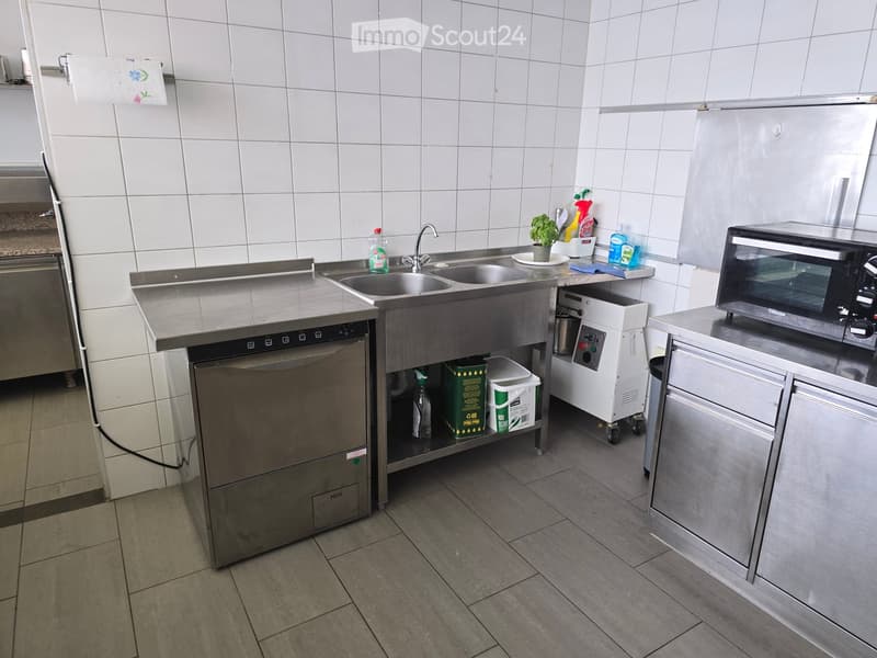 Commercial kitchen with stainless steel appliances, including a sink, faucet, oven, refrigerator, and dishwasher. Cleaning supplies and a small potted plant are visible on the counter.