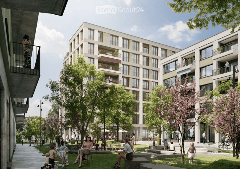 modern multi-story residential building, terraces, green areas, people sitting on benches, trees, umbrellas, bicycles