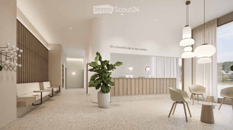 Reception room with reception desk, bench, side table, plant, chairs, lamps