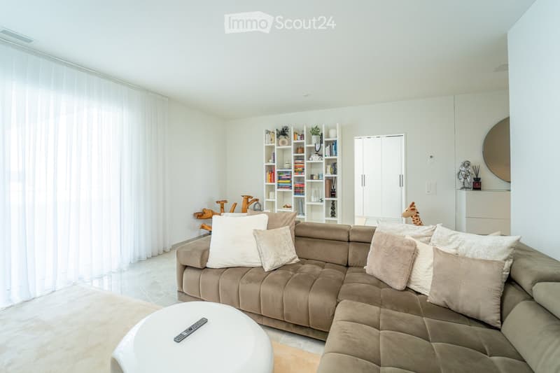 Modern living room with a large sectional sofa, multiple throw pillows, a round coffee table, a bookshelf, and decorative items including a mirror and a small statue.