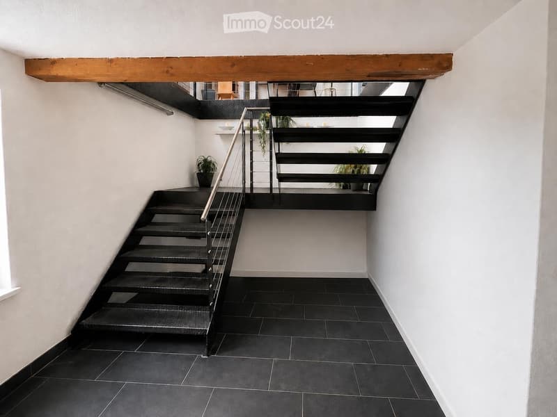 Modern hallway with black tiled floor, sleek staircase with metal railing, and small potted plants on the landing.