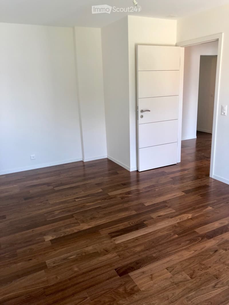 Empty room with wooden flooring and white walls, featuring a white cabinet and a doorway leading to another space.