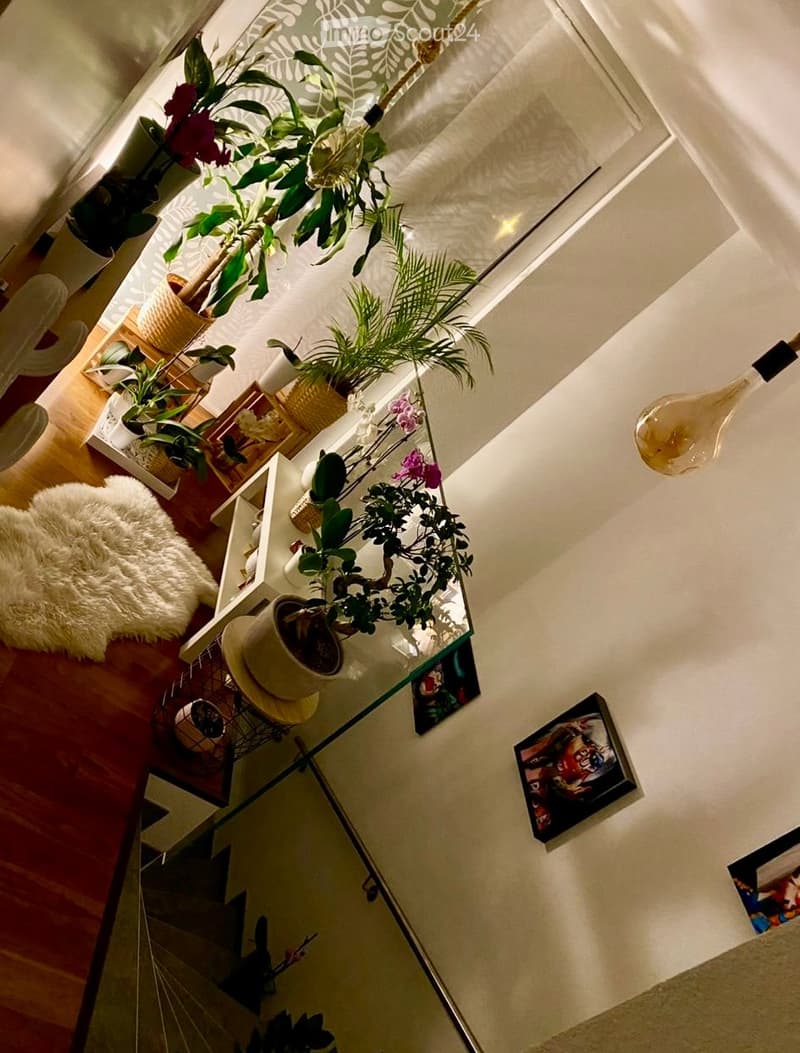 A cozy, well-lit room with wooden flooring, a glass table holding potted plants, a fluffy white rug, and several picture frames on the wall.