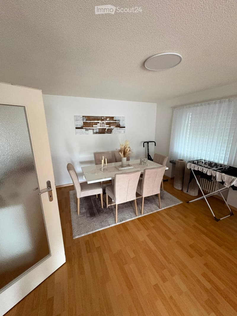 Dining room with a modern glass dining table, six light pink chairs, a vase with dried flowers, and a mirror on the wall. Wooden flooring and a small rug under the table.