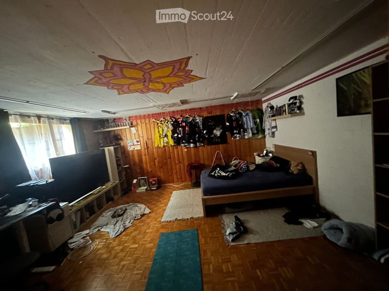 Bedroom with wooden walls, wooden floor, bed, shelf, screen, stool, and dog bed.