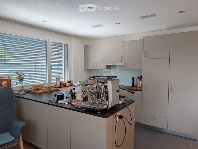 Modern kitchen with light grey cabinets, black countertop, and various appliances including a coffee machine and a blender. There is a vase with flowers on the counter, along with bowls and cups.