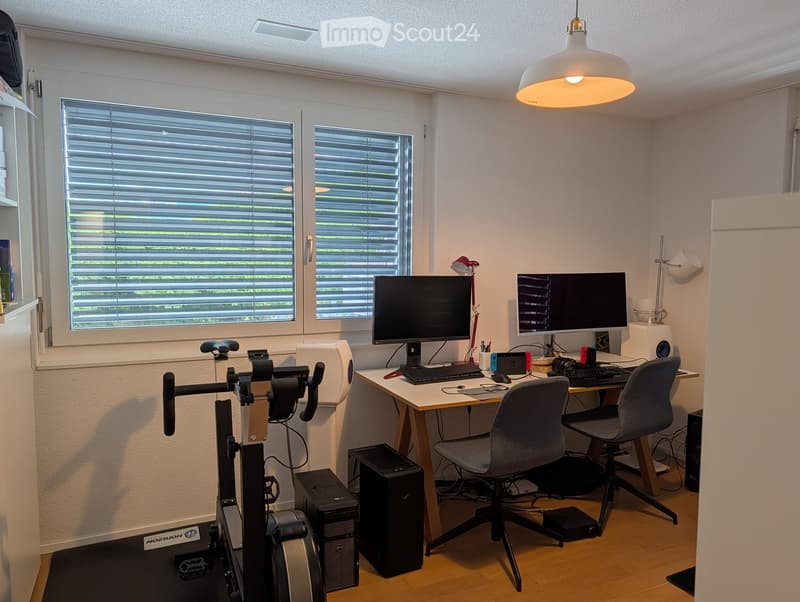 A modern, well-lit room with a desk setup featuring dual monitors, a keyboard, mouse, and a comfortable chair. An exercise bike is positioned near the window, and a server is on the floor. The room has large windows with blinds and a hanging pendant light