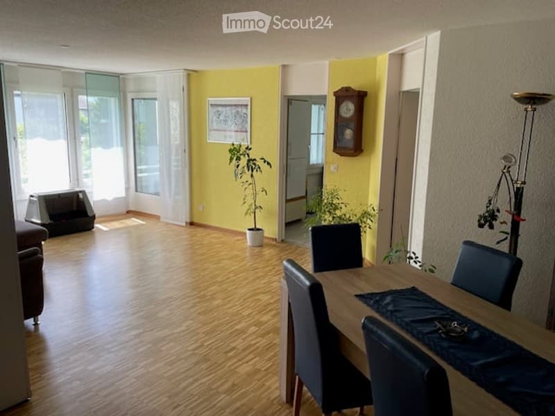 large room with wooden floors, yellow walls, glass windows, dining table with chairs, plants, couch, clock, curtains