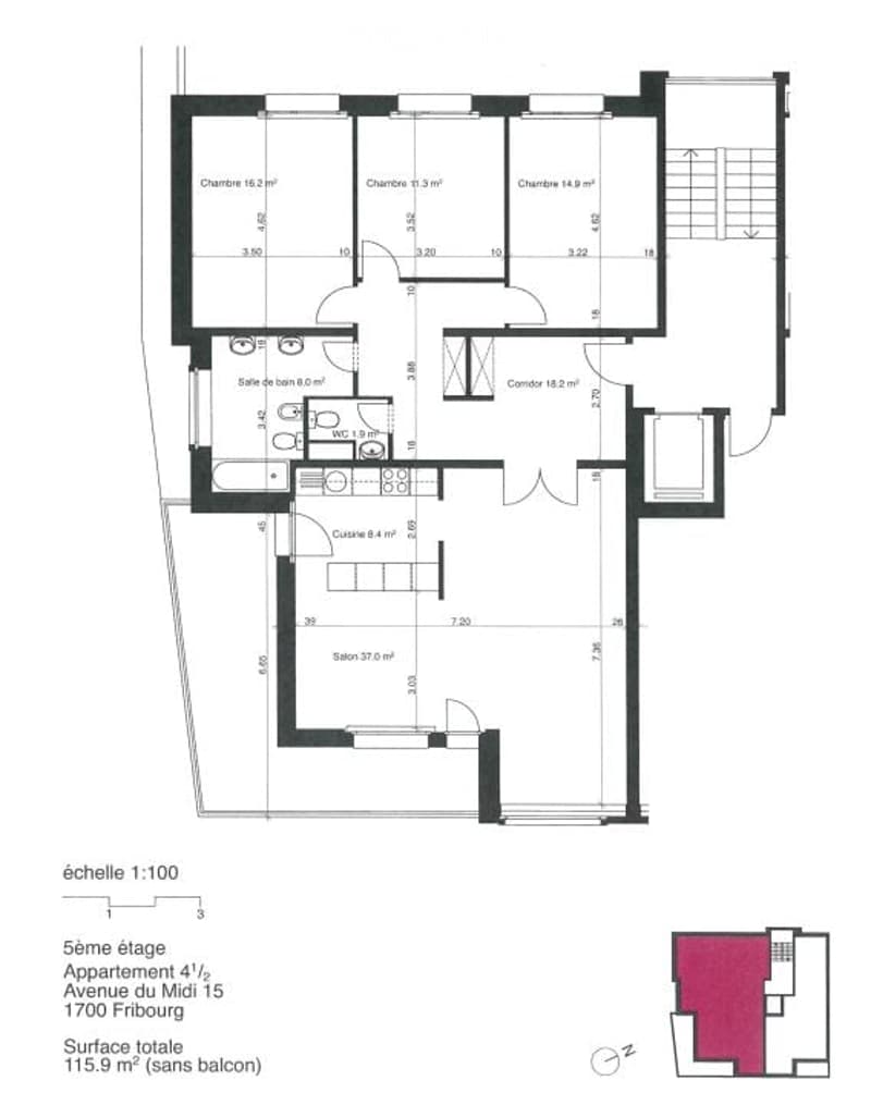 Floor plan of a 4.5-room apartment on the 5th floor, featuring three bedrooms, a bathroom, a hallway, a living room, and a kitchen.