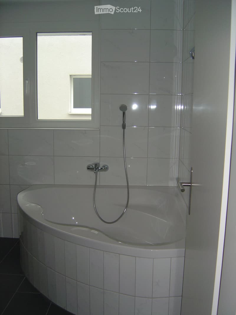 Modern bathroom with a white bathtub, tiled walls, and a glass-enclosed shower area. The shower features a handheld showerhead and a fixed faucet.
