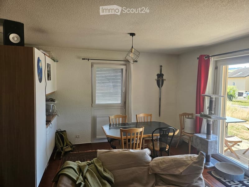 A cozy living and dining area with a sofa, dining table, chairs, cat tree, and kitchen area with a refrigerator and cupboard.
