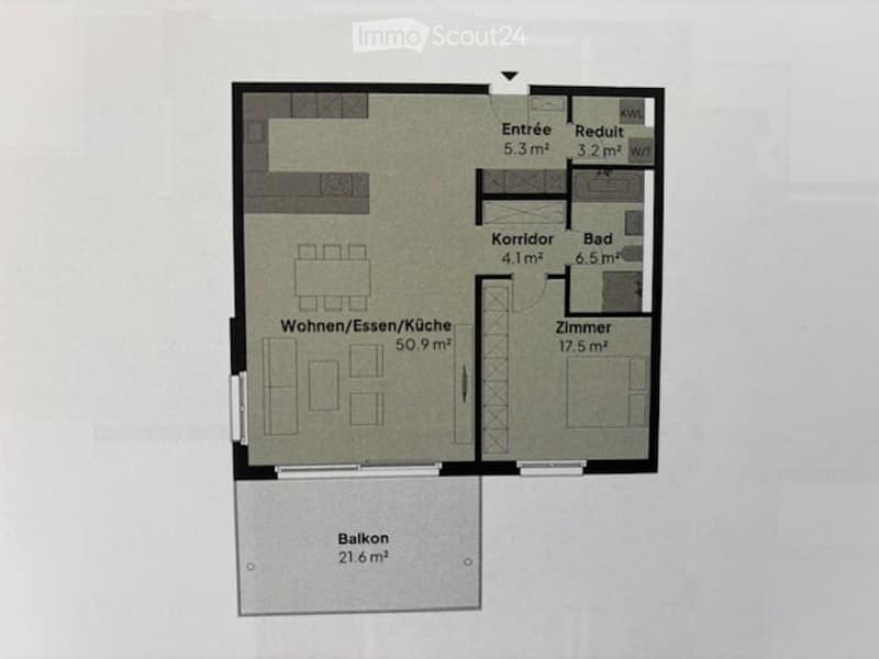 Entrance, corridor, bathroom, living/dining/kitchen, bedroom, balcony