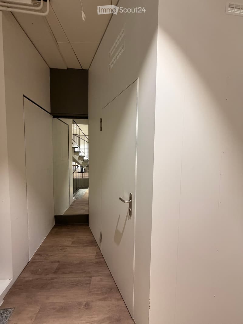 Modern hallway with light-colored wooden flooring, white walls, and closed doors on both sides. Natural light streams in from the left side, creating soft shadows on the walls.