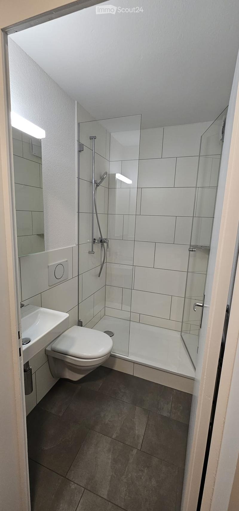 Modern bathroom with white tiles, a glass-enclosed shower, a toilet, a sink, and a mirror.