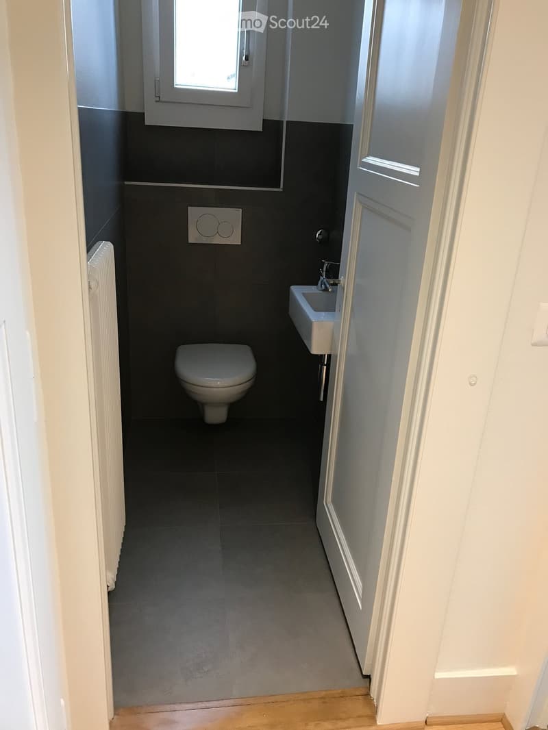 small bathroom with toilet, sink, and window