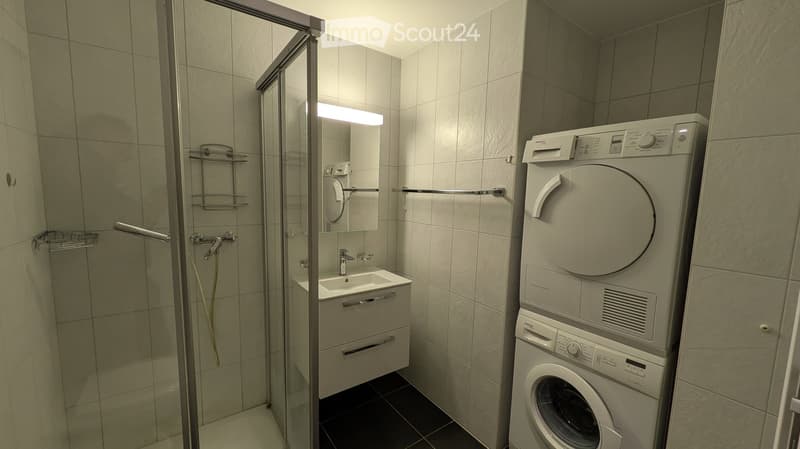 Modern bathroom with a shower, sink, mirror, towel rack, and a stacked washing machine and dryer unit.