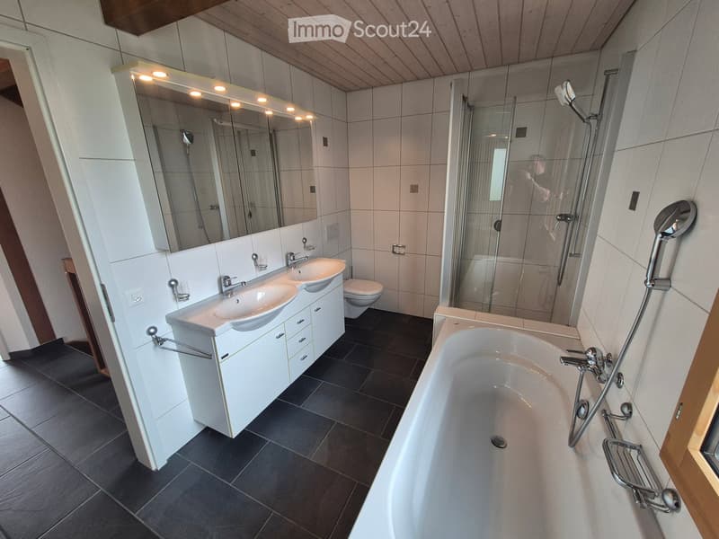 Modern bathroom with a double sink, large mirror, bathtub, shower, and toilet. Features dark tiled flooring and white cabinetry.