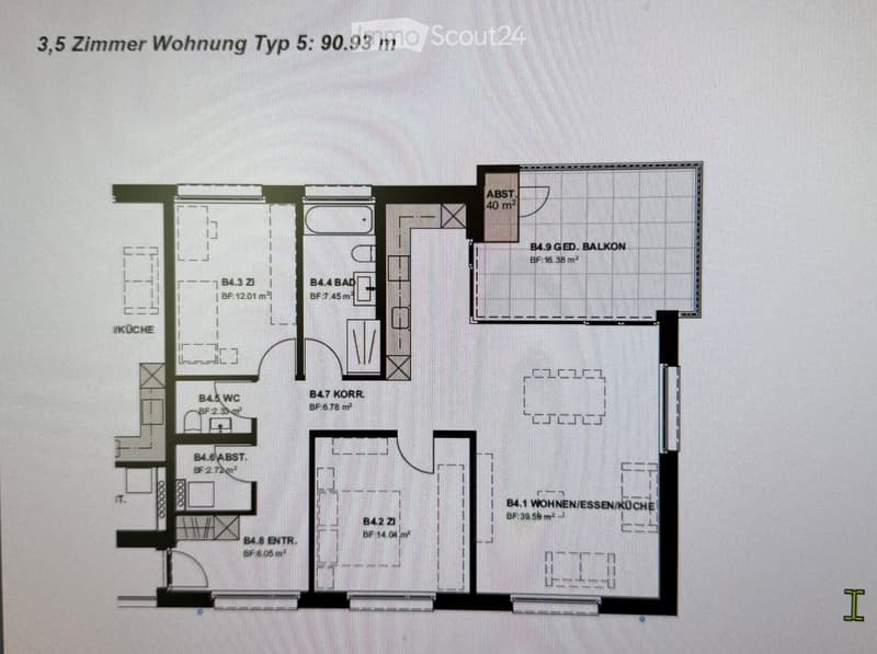 Floor plan of a 3.5-room apartment with 90.93 m², including living/dining/kitchen area, two bedrooms, bathroom, WC, and balcony.