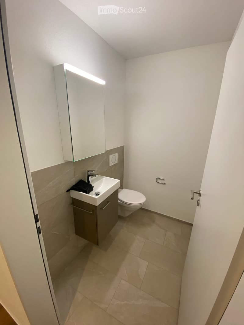 Modern bathroom with a white sink, toilet, mirror, and built-in cabinet. Beige tiles on the floor and walls.