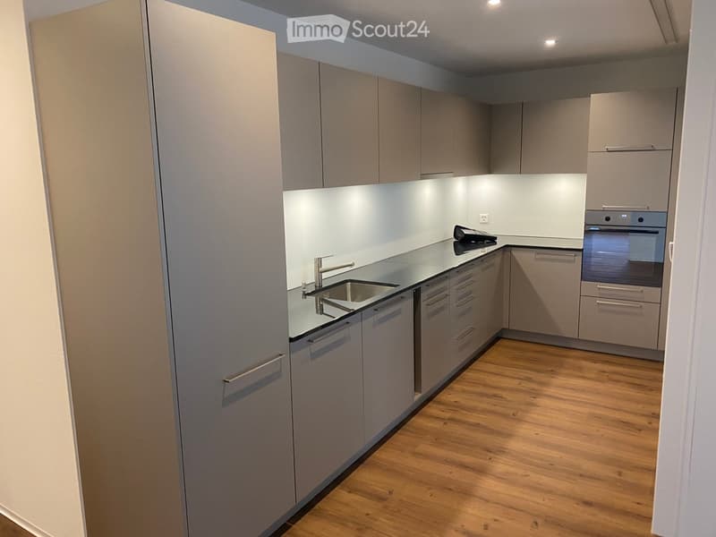 Modern kitchen with light grey cabinets, stainless steel sink, and wooden flooring.