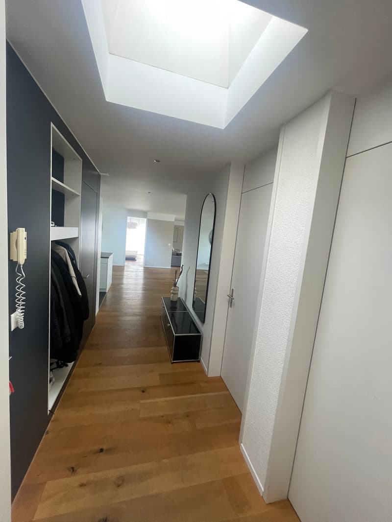 Modern hallway with wooden flooring, white walls, built-in closet with hanging coats, small black console table with vase, and a large mirror on the wall.