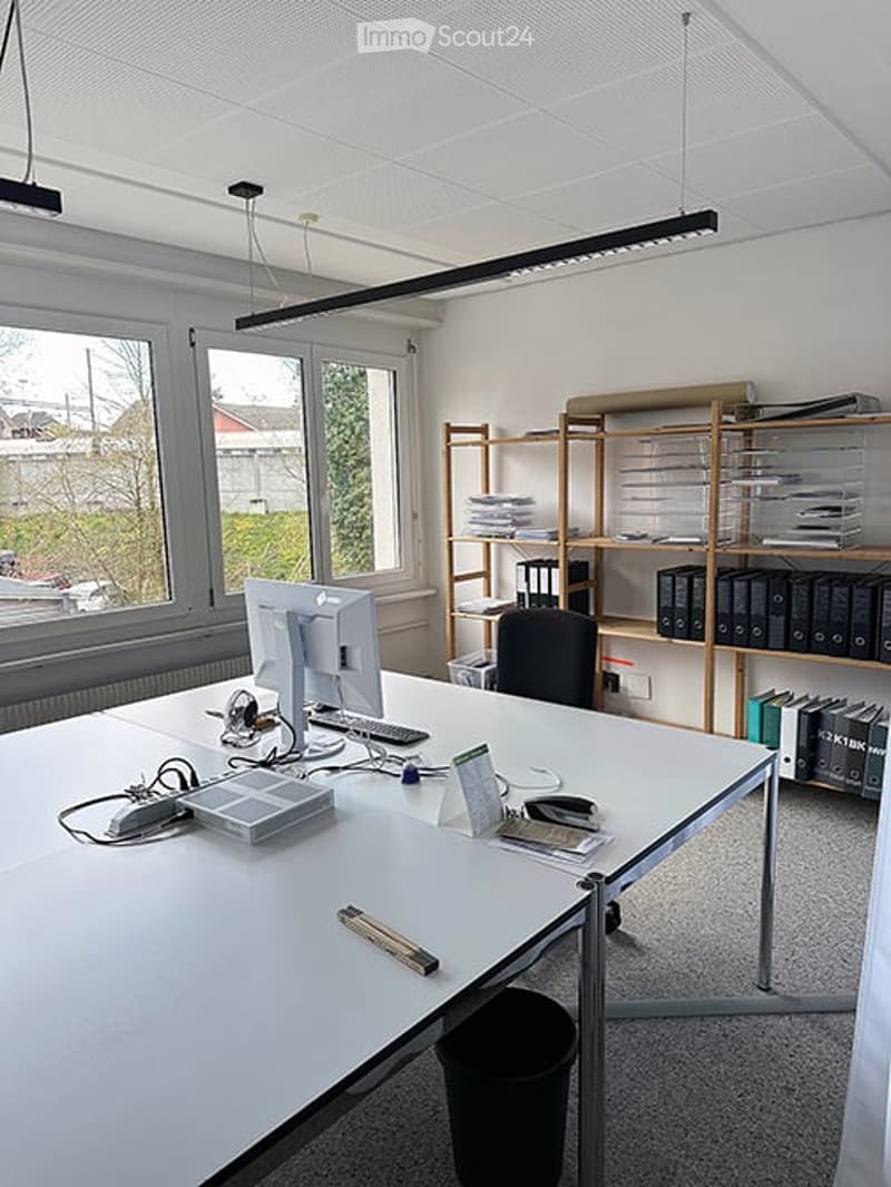 Office space with a large desk, computer setup, chair, shelves with books and files, and a window view of the outside.