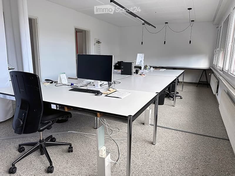 Modern office space with white walls, grey carpet, and large windows. Features desks, chairs, computer monitors, keyboards, and a printer.