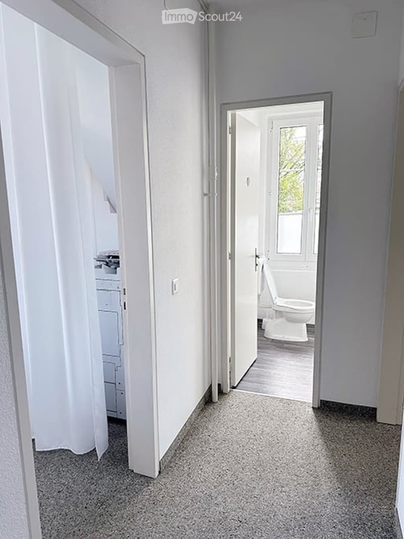 A narrow hallway with light grey walls and carpeted floor, leading to two rooms: a small bathroom with a toilet and a sink, and another room with a window and white curtains.