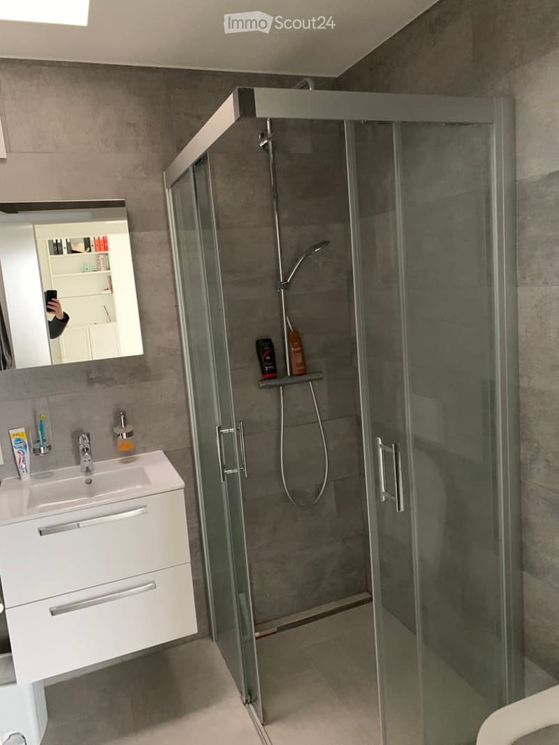 Modern bathroom with a white vanity, sink, mirror, and a glass-enclosed shower with a built-in shelf for toiletries.