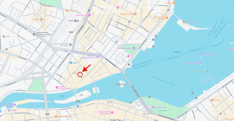 Map of Geneva, Switzerland, showing streets, landmarks, and points of interest including the Place des Nations, the Jet d'Eau fountain, and the Rhône River.