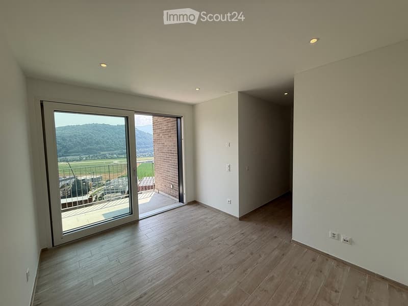 Empty room with wooden flooring, white walls, recessed lighting, and a large sliding glass door leading to a balcony with a scenic view.