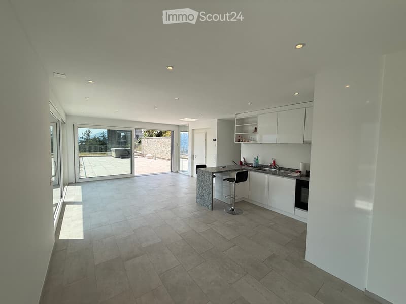 Modern kitchen with white cabinets, granite countertop, bar stool, and large sliding glass doors leading to a patio.