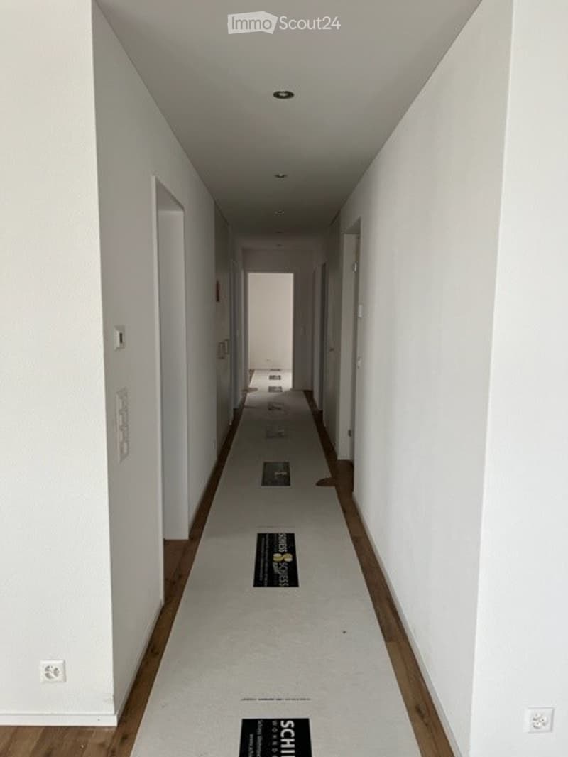 Empty hallway with white walls, wooden flooring, and a carpeted center strip. The hallway features recessed lighting and several doors on both sides.