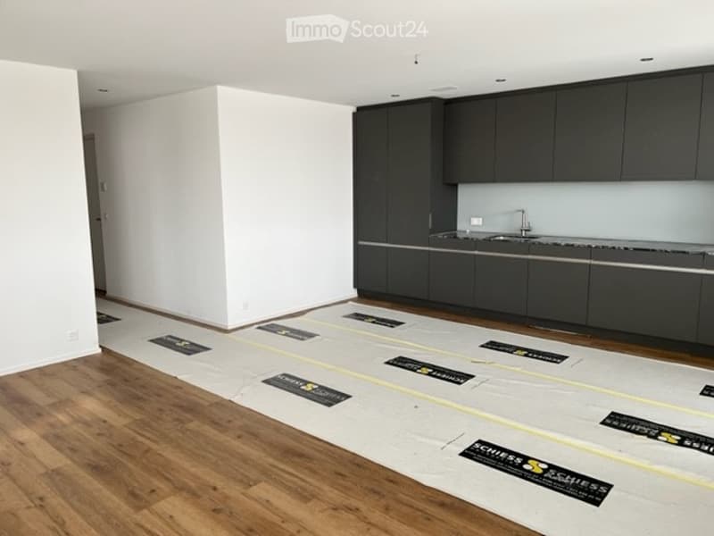 Empty kitchen with dark grey cabinets, stainless steel countertops, and wooden flooring. No furniture or appliances are present.