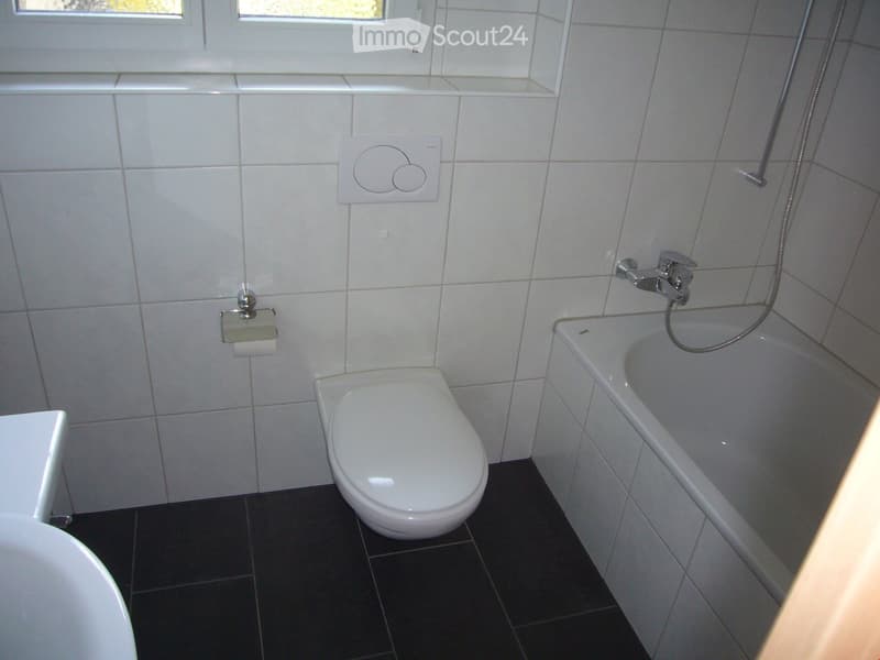 Modern bathroom with white tiles, a toilet, a bathtub with a handheld shower, and a toilet paper holder.
