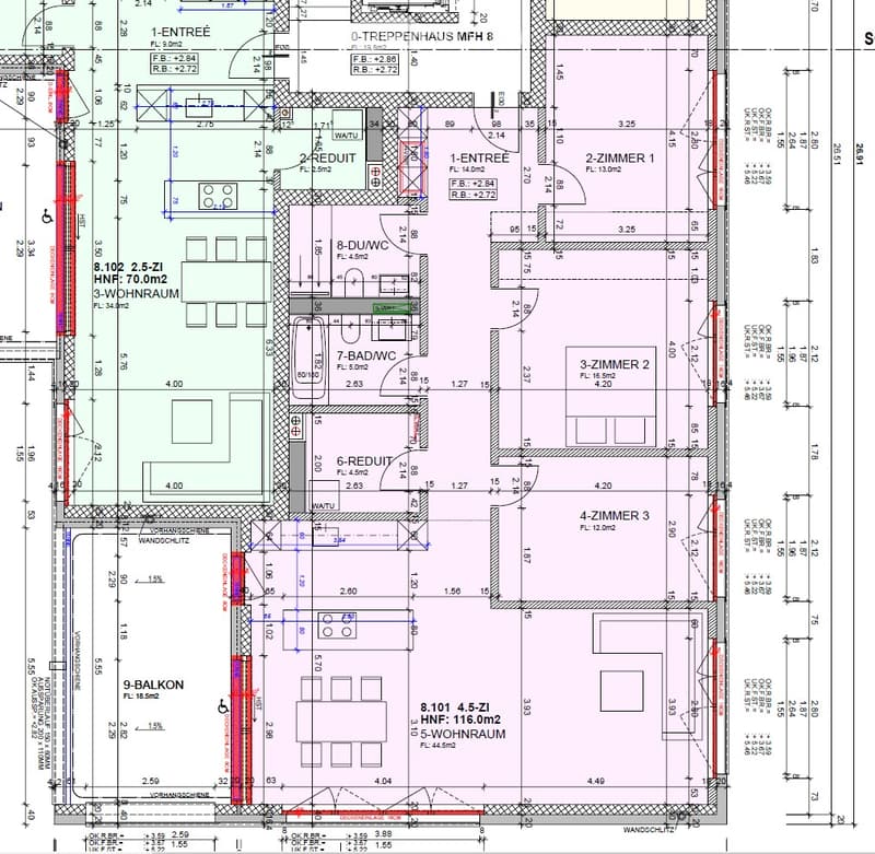 Floor plan of a multi-level residential unit with labeled rooms including entrance, living room, bedrooms, bathrooms, and a balcony.