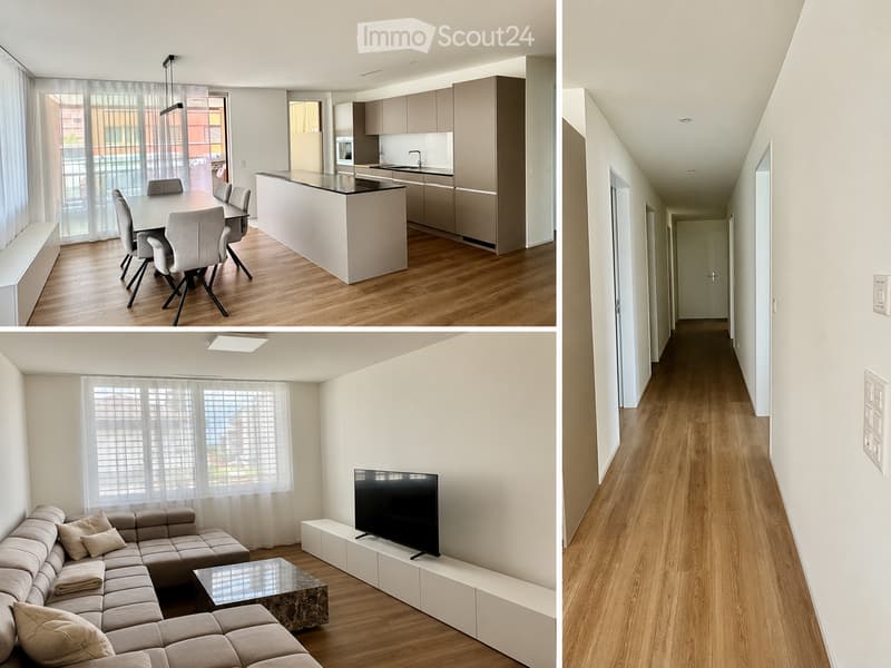 Floor plan of a modern apartment featuring a living room, dining area, kitchen, and hallway. The living room has a sectional sofa, coffee table, and TV. The dining area includes a table with chairs. The kitchen has a breakfast bar, cabinets, and appliance