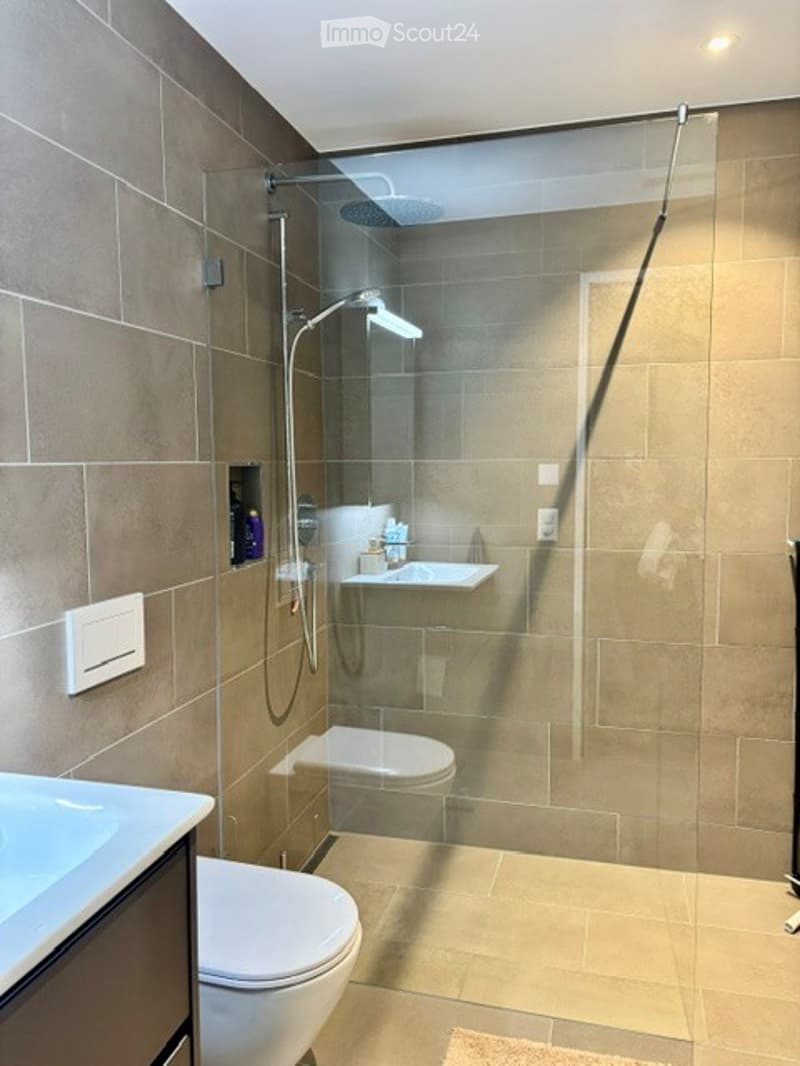 Modern bathroom with a glass-enclosed shower, a toilet, a sink, and a showerhead with a handheld sprayer. The walls are tiled in a neutral color, and the floor is tiled in a light beige color.