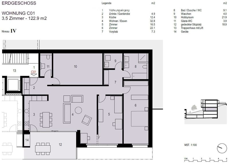 Floor plan of a 3.5-room apartment (122.9 m²) on the top floor (ERDGESCHOSS). Layout includes entrance, hallway, kitchen, living/dining area, three bedrooms, bathroom, laundry room, hobby room, guest WC, covered seating area, staircase with lift, and stor