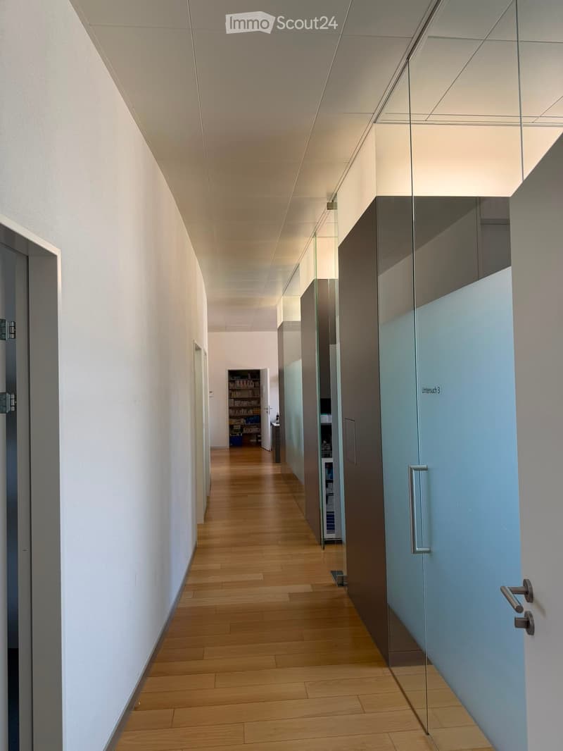 Modern hallway with light wooden flooring, white walls, glass partitions, and doors leading to rooms.